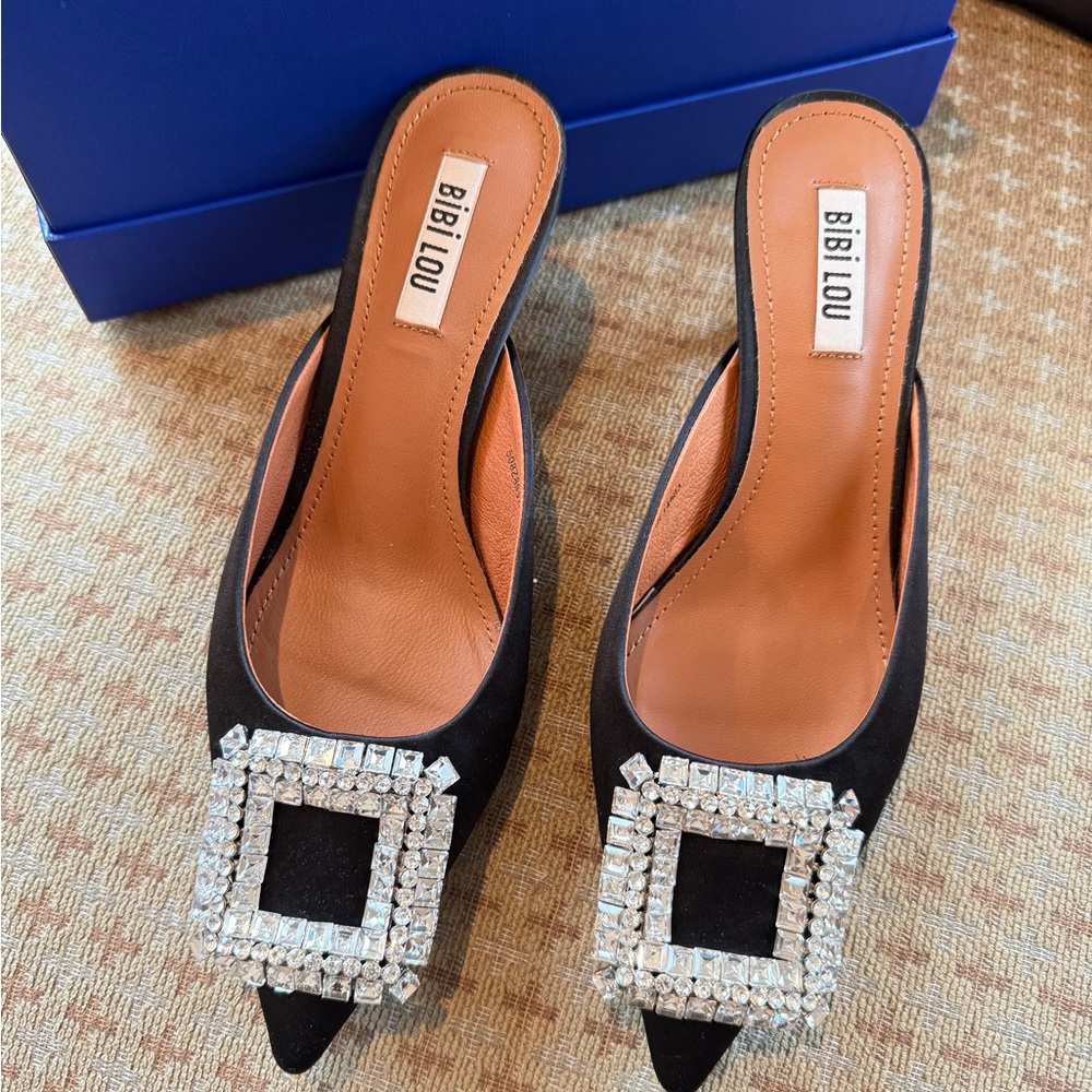 New Bibi Lou Black Rhinestone Kitten Heel Pointed Toe Bertha Mule Size 37